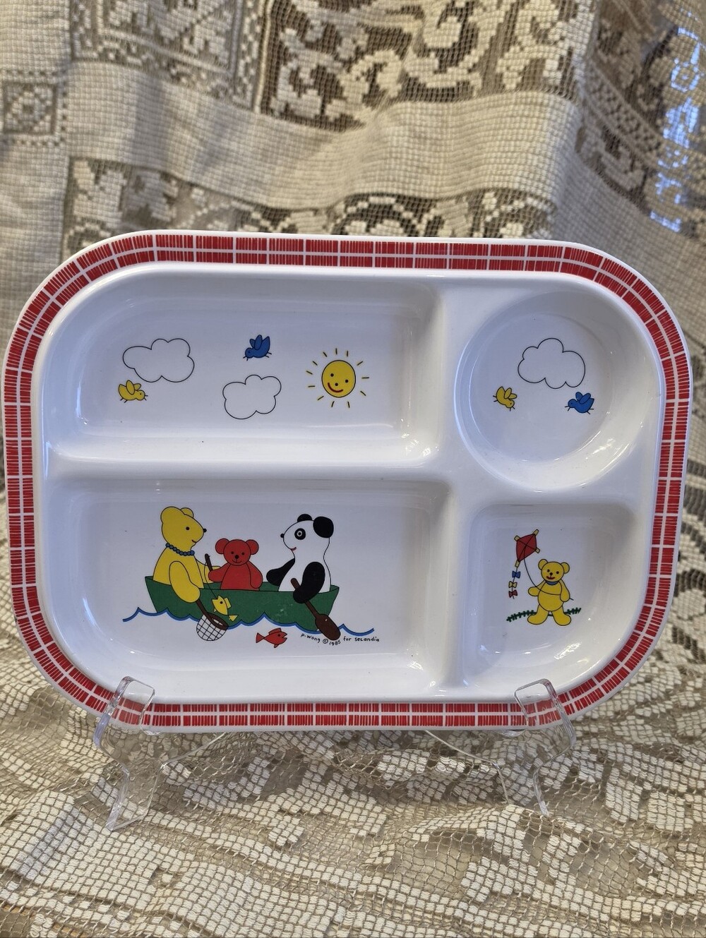 VTG 1984 Selandia Designs Pat Wong Melamine Divided Child Plate Teddy Bear Panda